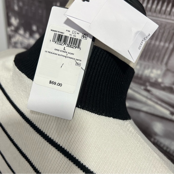 Guess Women's White & Black Striped Sweater With Button Accent Detail / Large - Picture 8 of 13